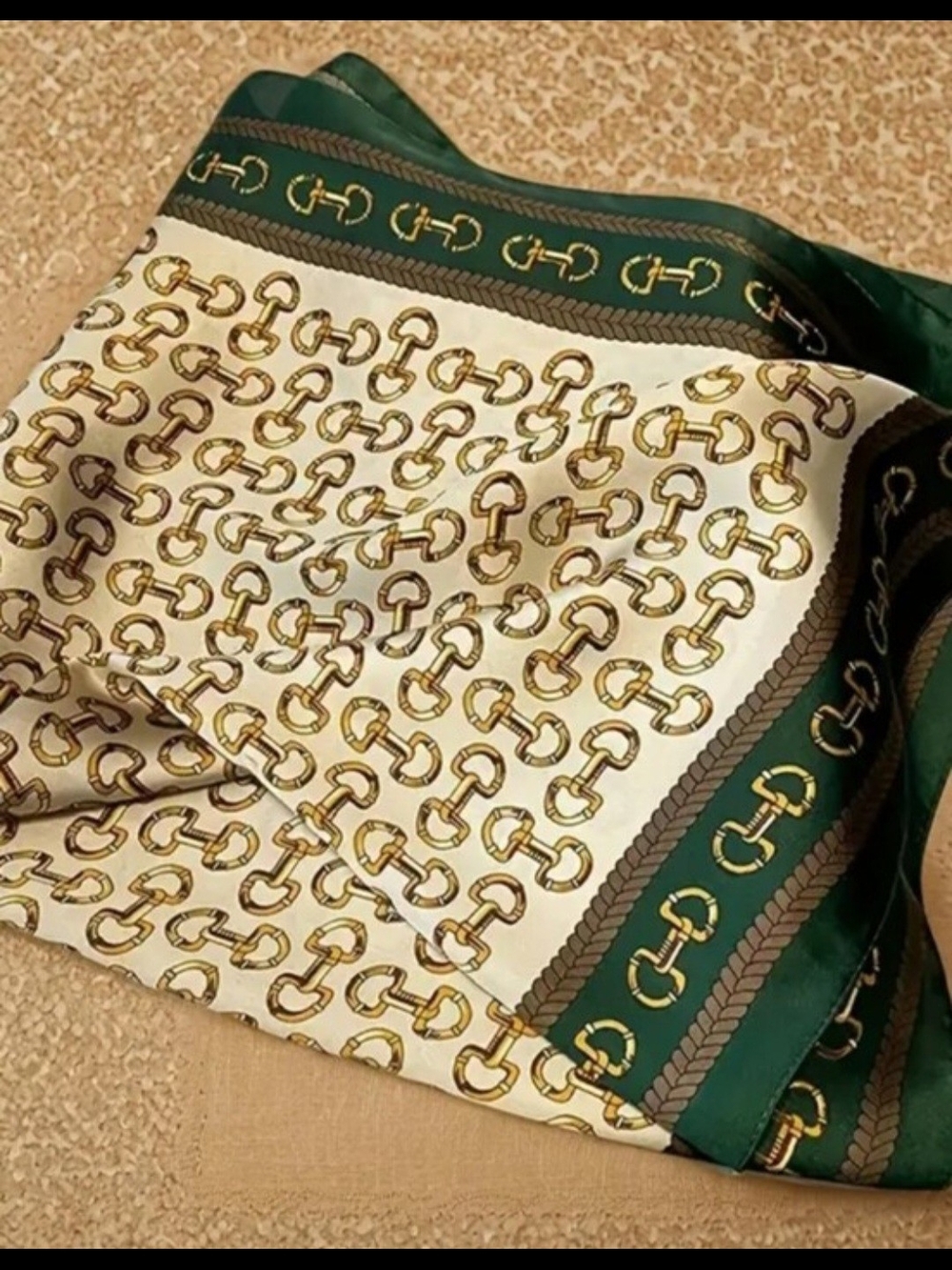 Silk -feel Chain-Print Green and Cream Women's Scarf - Picture 2 of 3